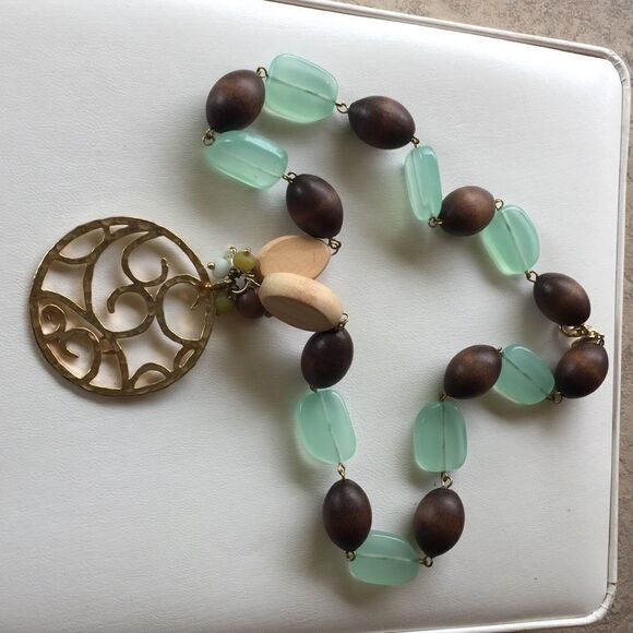 Necklace Wood and Stone‎ w/Gold Brown and Green - Picture 3 of 7